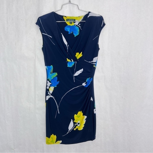 Lauren Ralph Lauren Womens Faux Wrap Dress Blue Floral  Rouched 4 - Picture 1 of 5